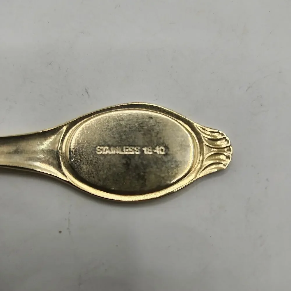 Asian Souvenir Spoon Gold Tone Enamel Traditional Woman 18/10 Stainless 6 Inch